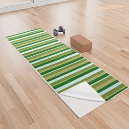 [ Thumbnail: Green, Dark Khaki, Dark Green & Light Cyan Colored Lined Pattern Yoga Towel ]