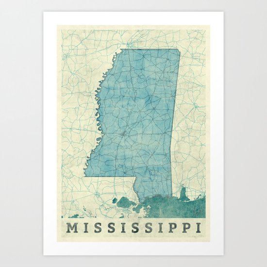 Mississippi State Map Blue Vintage Art Print