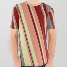 [ Thumbnail: Grey, Dark Red, Dark Salmon, and Pale Goldenrod Colored Striped Pattern All Over Graphic Tee ]