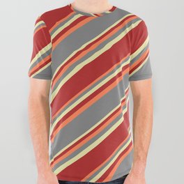 [ Thumbnail: Coral, Grey, Pale Goldenrod, and Red Colored Striped Pattern All Over Graphic Tee ]