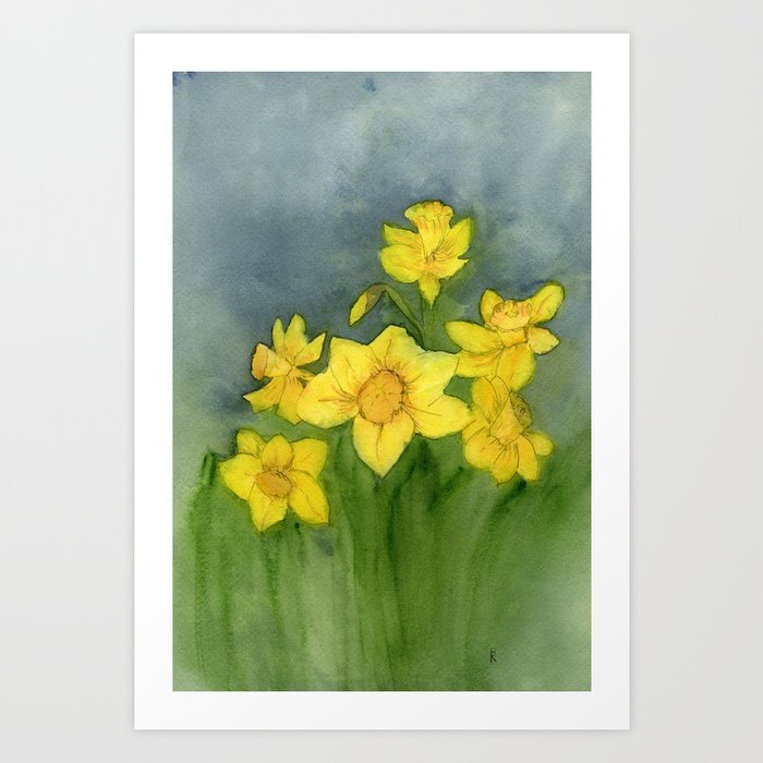 Daffodils in the Woods, Yellow Watercolor Wildflowers Art Print