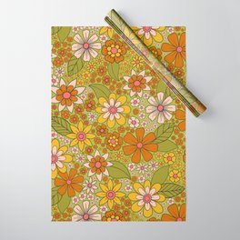 1960s, 1970s Retro Floral in Green, Pink & Orange - Flower Power Wrapping Paper