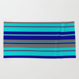 [ Thumbnail: Dark Turquoise, Dark Blue & Dim Grey Colored Lines/Stripes Pattern Beach Towel ]