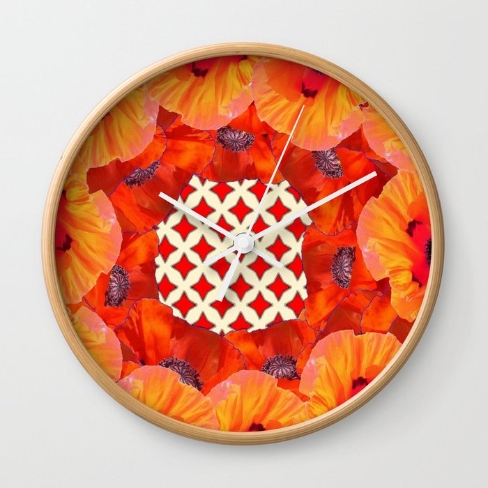 MODERN RED-ORANGE POPPY FLOWERS GARDEN VIGNETTE  WHITE DESIGN Wall Clock