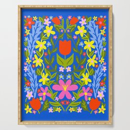 Modern Folk Art Flowers Blue Serving Tray