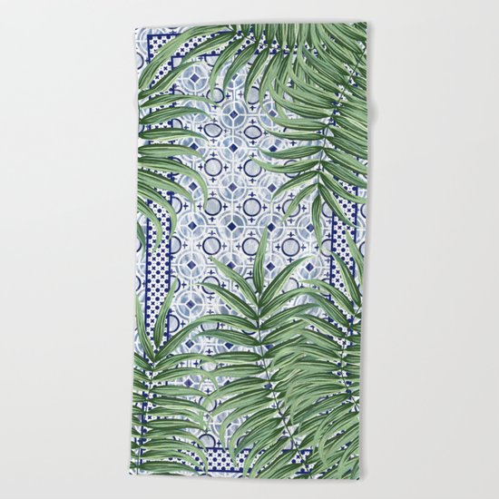 Moroccan tiles and palm leaves Beach Towel