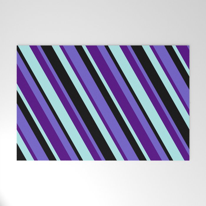 Slate Blue, Indigo, Turquoise & Black Colored Striped Pattern Welcome Mat