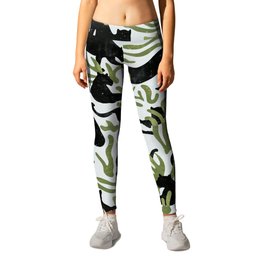 Abstract Wild Cats and Plants / Black and Green Leggings
