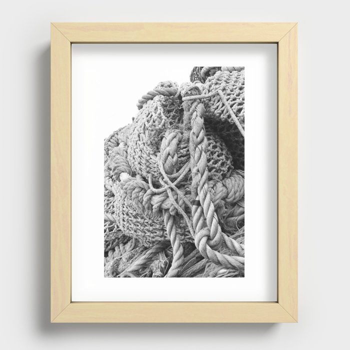 Nautical Rope Fishing Nets Boat Seafood Black and White Pacific Northwest Ocean Beach Restaurant Industrial Shipyard Recessed Framed Print