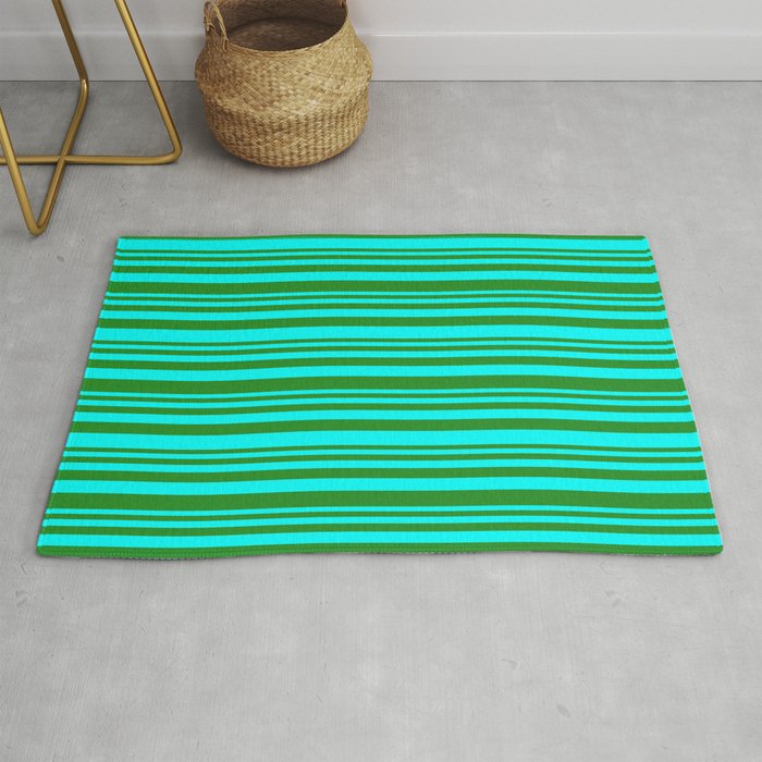 Forest Green & Cyan Colored Striped Pattern Rug
