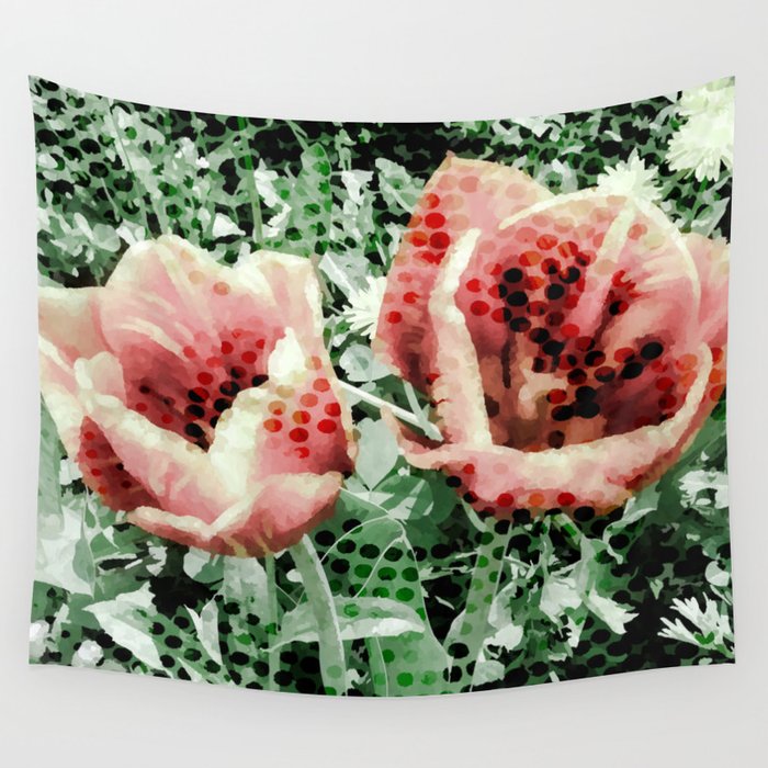 Two cyber red tulips in a coding space Wall Tapestry