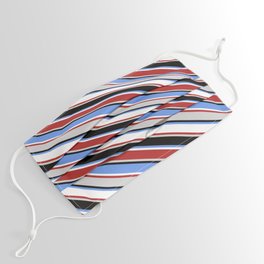[ Thumbnail: Eyecatching Cornflower Blue, White, Red, Light Gray & Black Colored Lined/Striped Pattern Face Mask ]