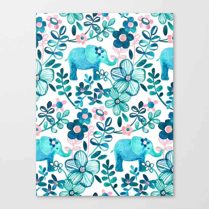 Dusty Pink, White and Teal Elephant and Floral Watercolor Pattern Canvas Print