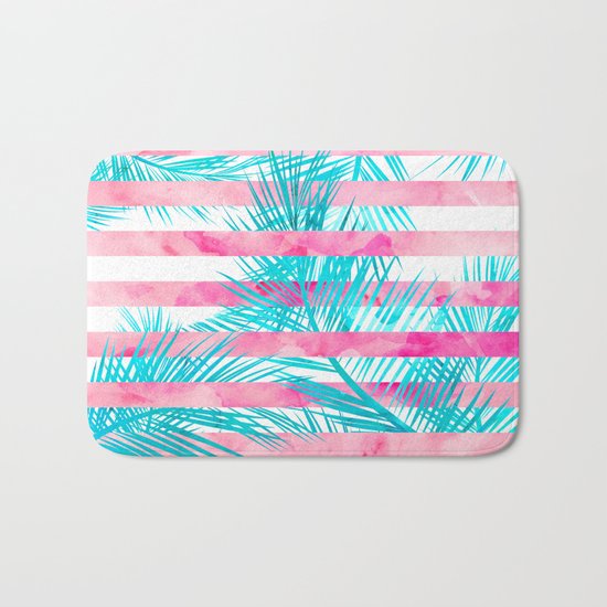 Modern pink turquoise tropical palm tree watercolor stripes pattern Bath Mat