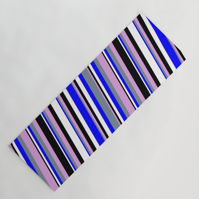 Blue, Light Slate Gray, Plum, Black & White Colored Stripes/Lines Pattern Yoga Mat