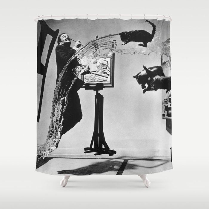 Dalí Atomicus, Salvador Dali painting with flying cats and water spurts surrealism / surrealist black and white photograph / photography by Philippe Halsman Shower Curtain