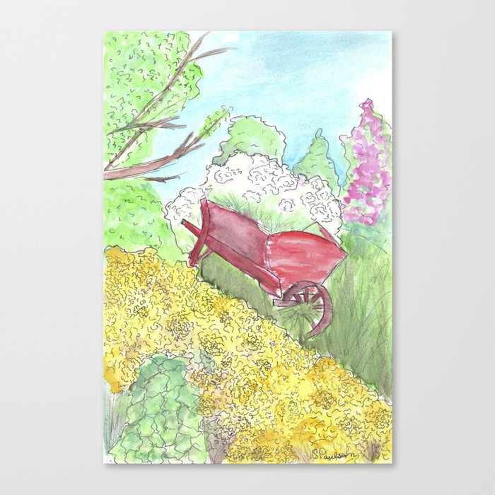 Watercolor Painting Red Wheelbarrow Flowers Spring Country