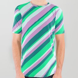 [ Thumbnail: Plum, Teal, Green & Light Cyan Colored Striped Pattern All Over Graphic Tee ]
