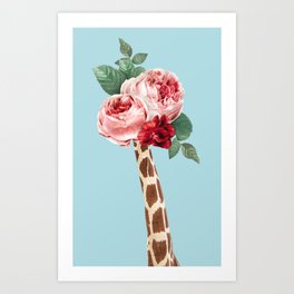 Giraffe with flowers in blue Art Print