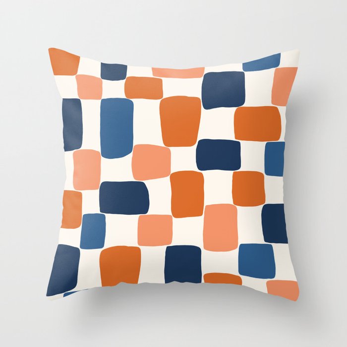 Color Block Checker Board Grid in Navy Blue and Vintage Orange Throw Pillow