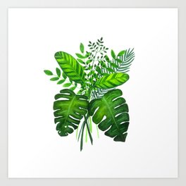 Tropical leaves and monstera in watercolor Art Print