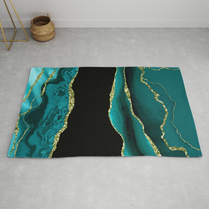 Emerald-Teal & Aqua Marble Agate With Gold Glitter Rug by DEC02