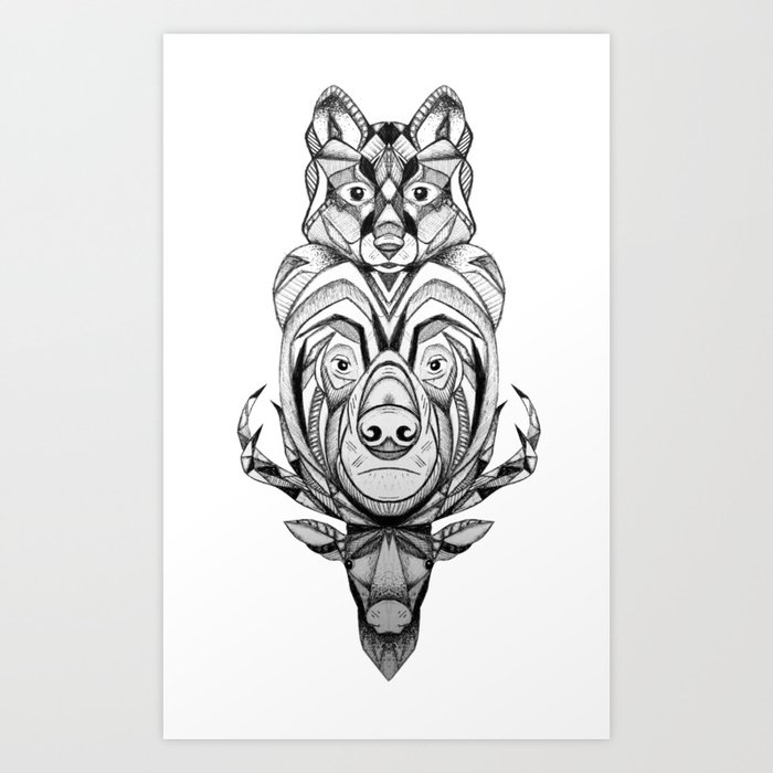 Fox Bear Stag Totem Pole Art Print
