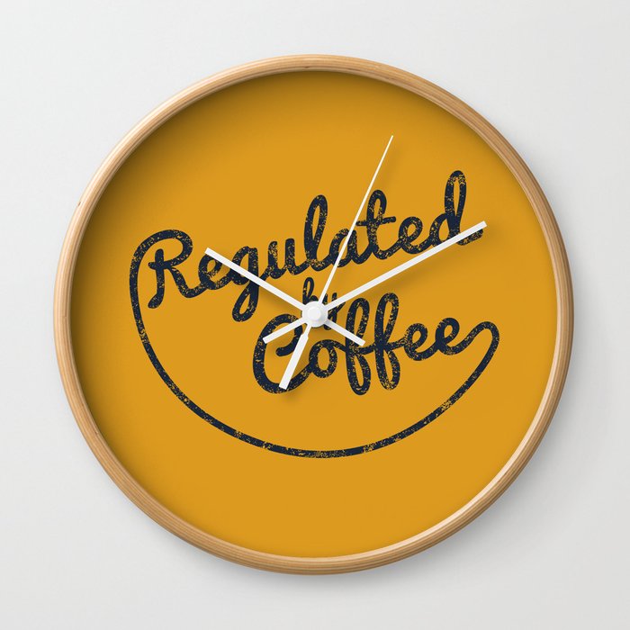 Regulated by Coffee // Caffeine Addict Typography Cafe Barista Humor Retro Vintage Quotes Wall Clock
