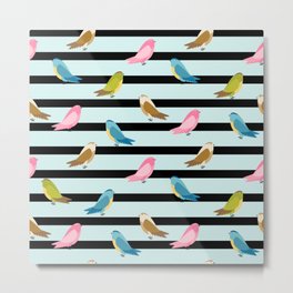 Watercolor Birds and Black Stripes on Light Aquamarine Blue Metal Print | Background, Blue, Seamless, Animal, Stripes, Watercolor, Yellow, Nature, Lines, Birds 