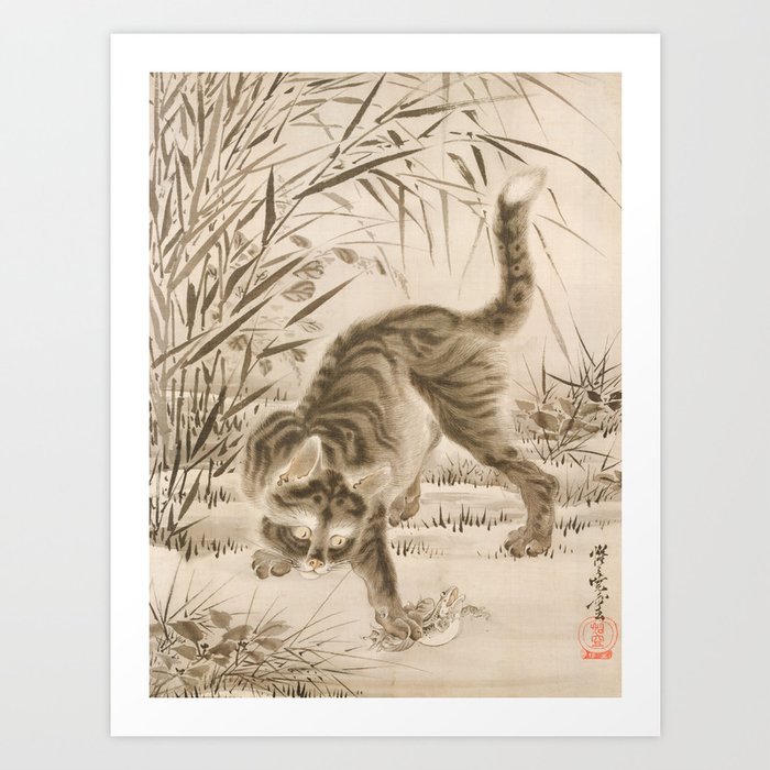  Japanese Cat Catching a Frog, Kawanabe Kyosai  Art Print