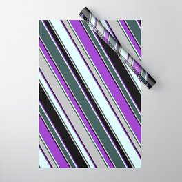 [ Thumbnail: Dark Orchid, Light Cyan, Dark Slate Gray, Grey, and Black Colored Lines Pattern Wrapping Paper ]