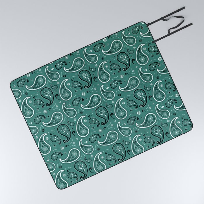 Black and White Paisley Pattern on Green Blue Background Picnic Blanket