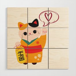 Japanese cat with love Wood Wall Art