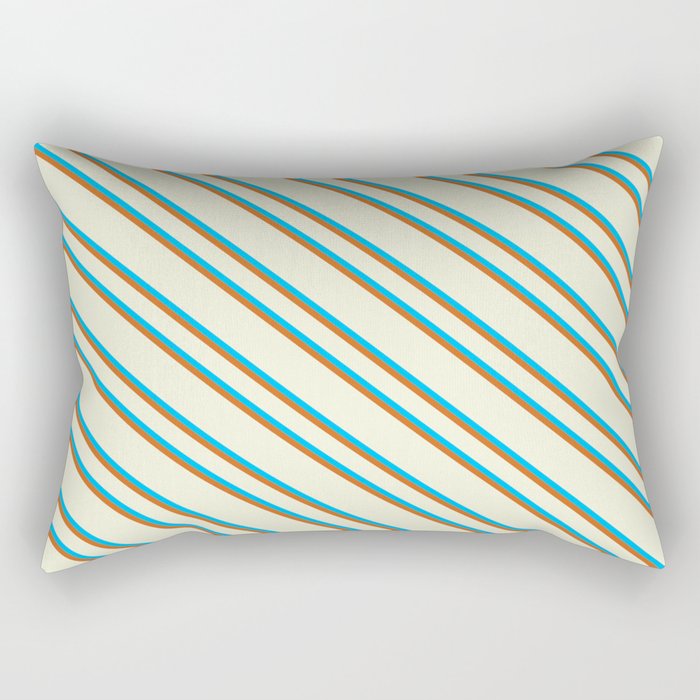 Beige, Deep Sky Blue & Chocolate Colored Lines Pattern Rectangular Pillow