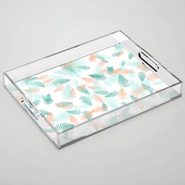 Green, mint and coral fern leaves digital collage Acrylic Tray