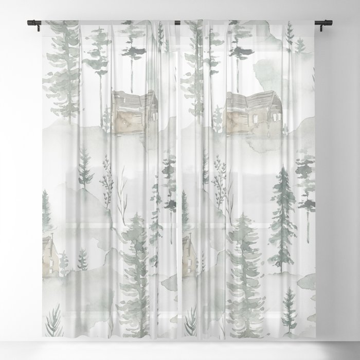Trees Pattern Sheer Curtain, Winter Scene Window Curtains