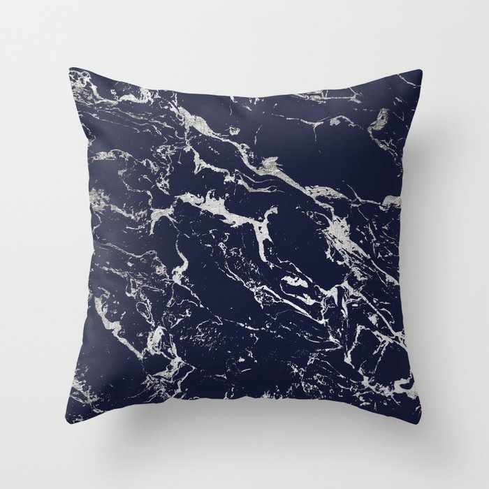 Modern navy blue silver marble pattern Throw Pillow