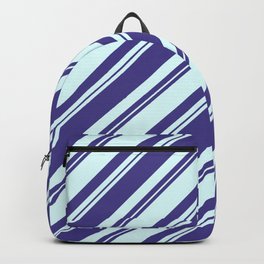 [ Thumbnail: Dark Slate Blue and Light Cyan Colored Lined/Striped Pattern Backpack ]