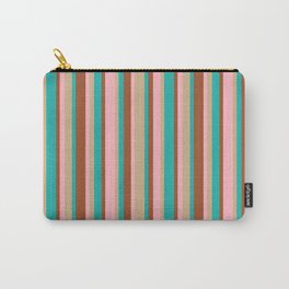 [ Thumbnail: Sienna, Light Sea Green, Tan & Light Pink Colored Stripes Pattern Carry-All Pouch ]