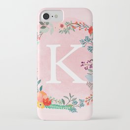 Flower Wreath with Personalized Monogram Initial Letter K on Pink Watercolor Paper Texture Artwork iPhone Case