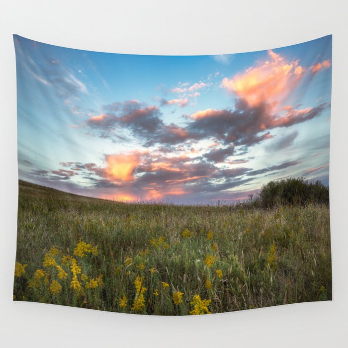 Prairie Fire - Sunlit Clouds Over Tallgrass Prairie on Autumn Day in Oklahoma Wall Tapestry