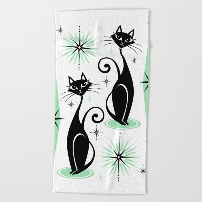 Mid Century Meow Retro Atomic Cats - w/ Mint on White Beach Towel