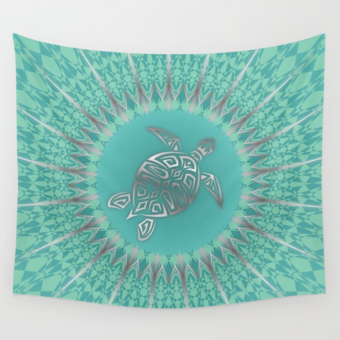 "Silver Turtle Radiance" | Tropical Mandala Design 2 Wall Tapestry