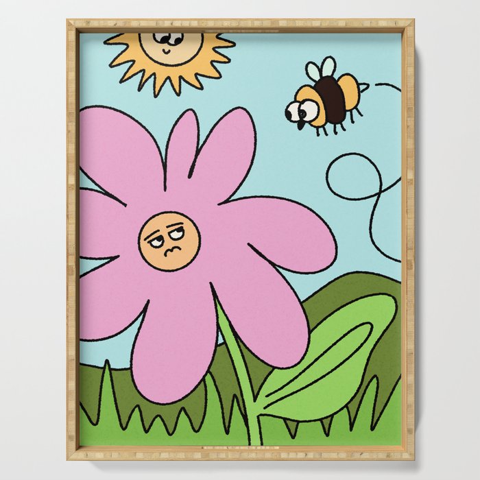 Cute flower and Bee Funny Landscape Cartoon Serving Tray