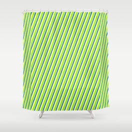 [ Thumbnail: Colorful White, Yellow, Green, Light Grey & Teal Colored Lines/Stripes Pattern Shower Curtain ]