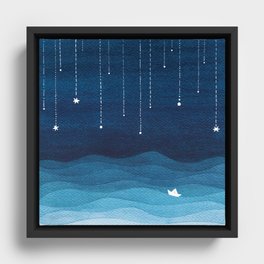 Falling stars, blue, sailboat, ocean Framed Canvas