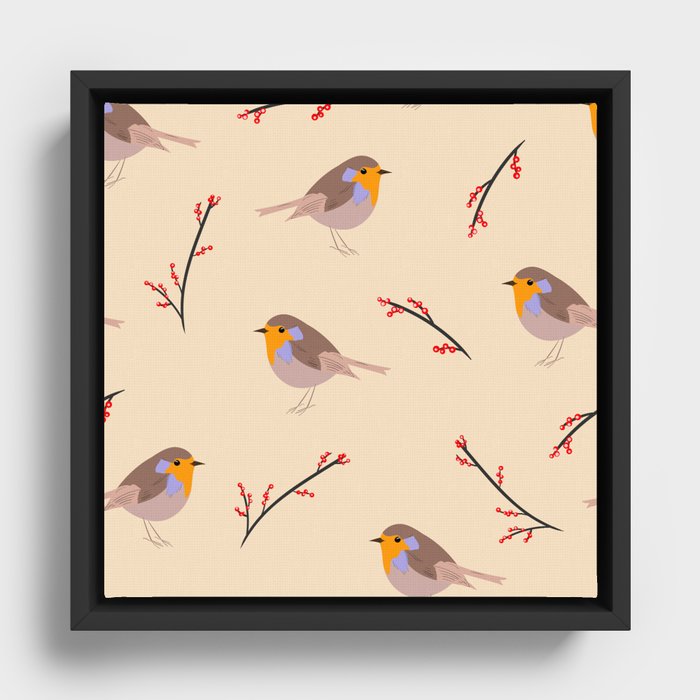 Robins And hawthorn seamless pattern Framed Canvas