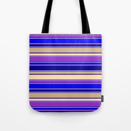 [ Thumbnail: Colorful Dark Orchid, Dark Blue, Beige, Blue & Tan Colored Striped Pattern Tote Bag ]
