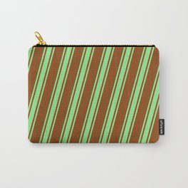 [ Thumbnail: Brown & Light Green Colored Striped/Lined Pattern Carry-All Pouch ]