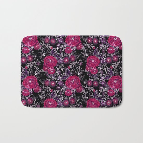 Pink roses on black background . Bath Mat